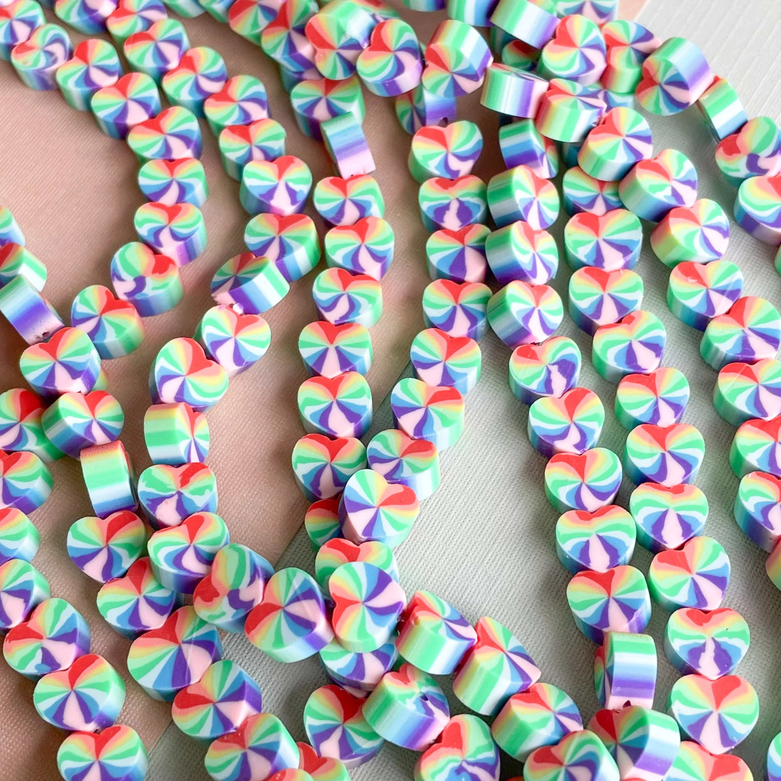 10mm Rainbow Heart Polymer Clay Strand - Image 2