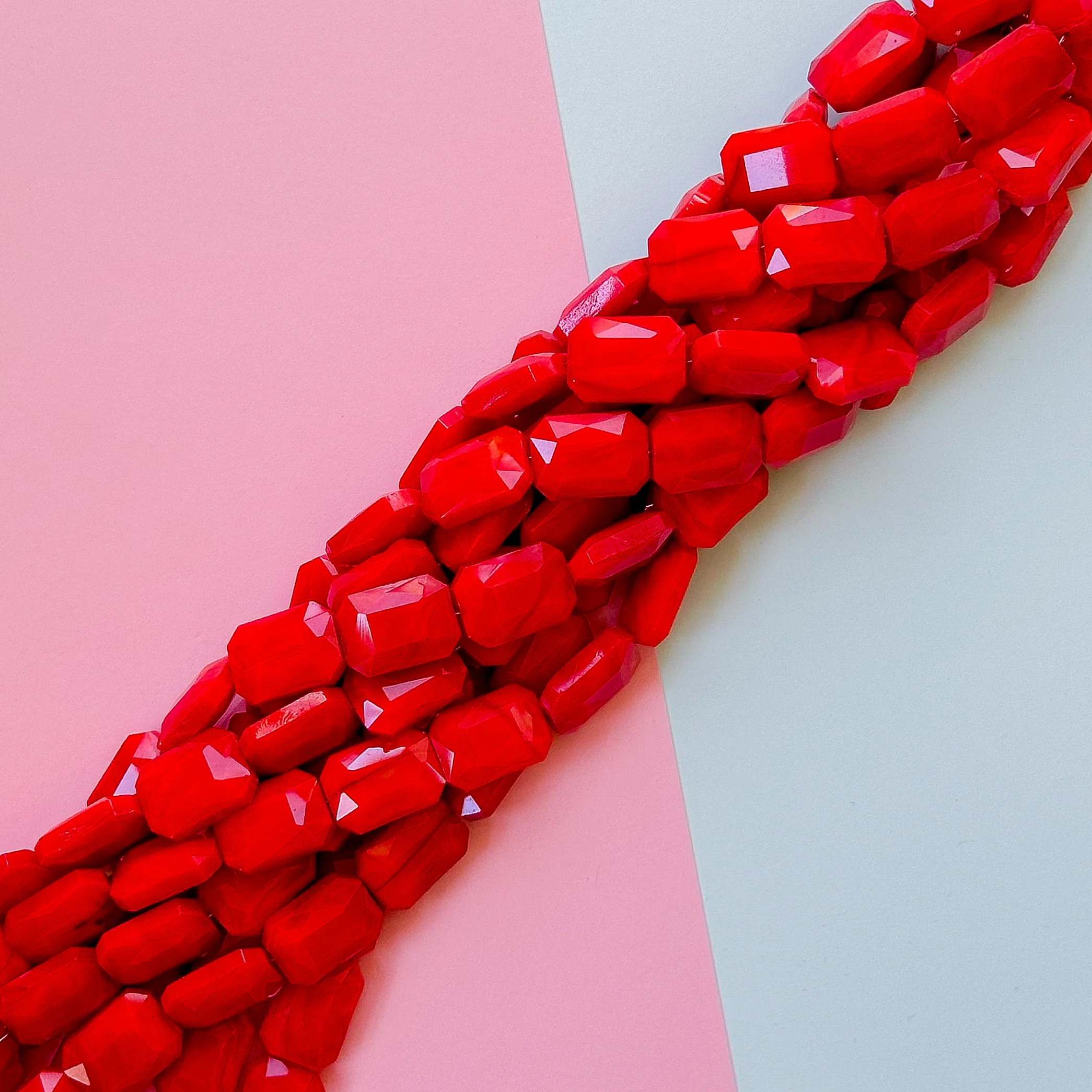 12mm Opaque Bright Red Faceted Crystal Rectangle Strand