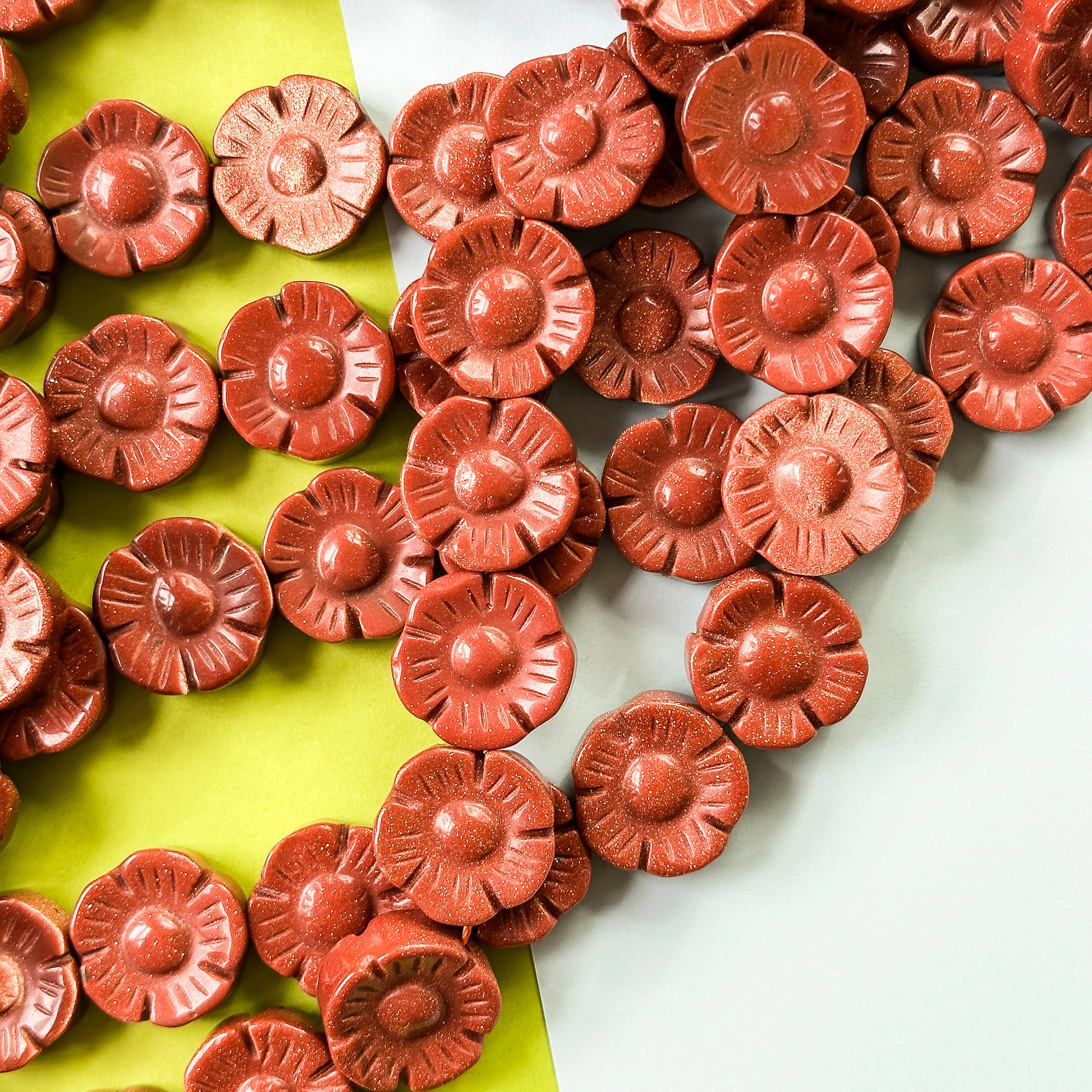 20mm Carved Goldstone Flower Bead Strand - Image 3
