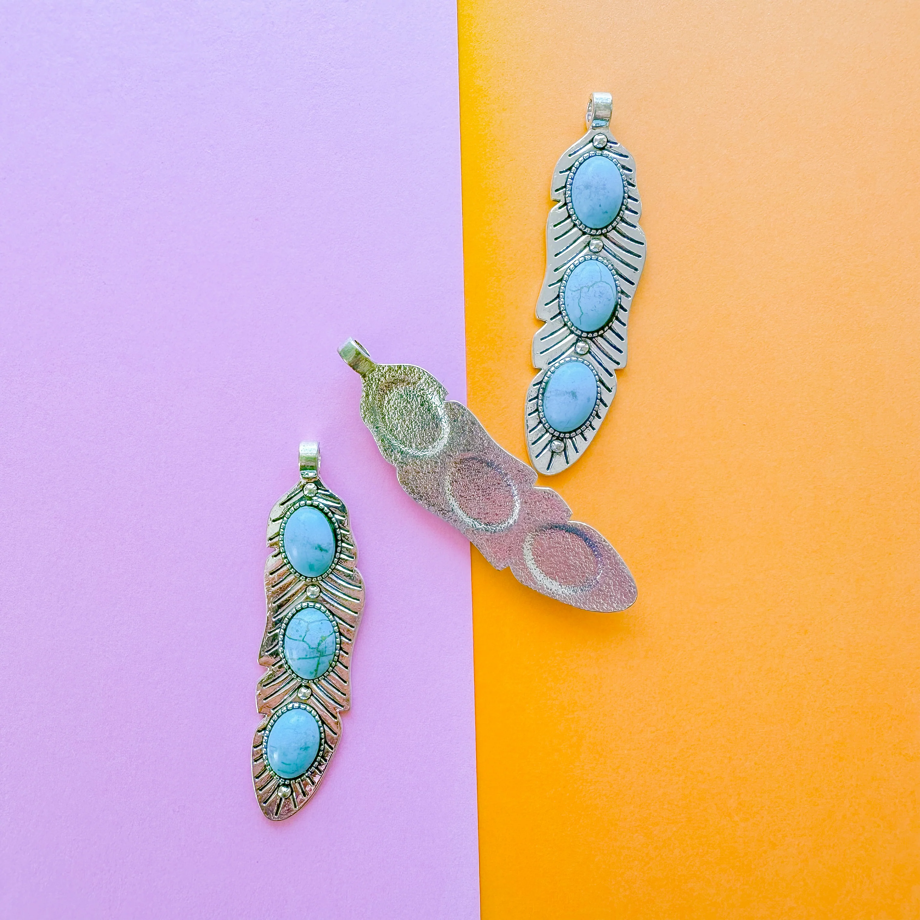68mm Turquoise Cabachon Silver Feather Pendant - Image 2