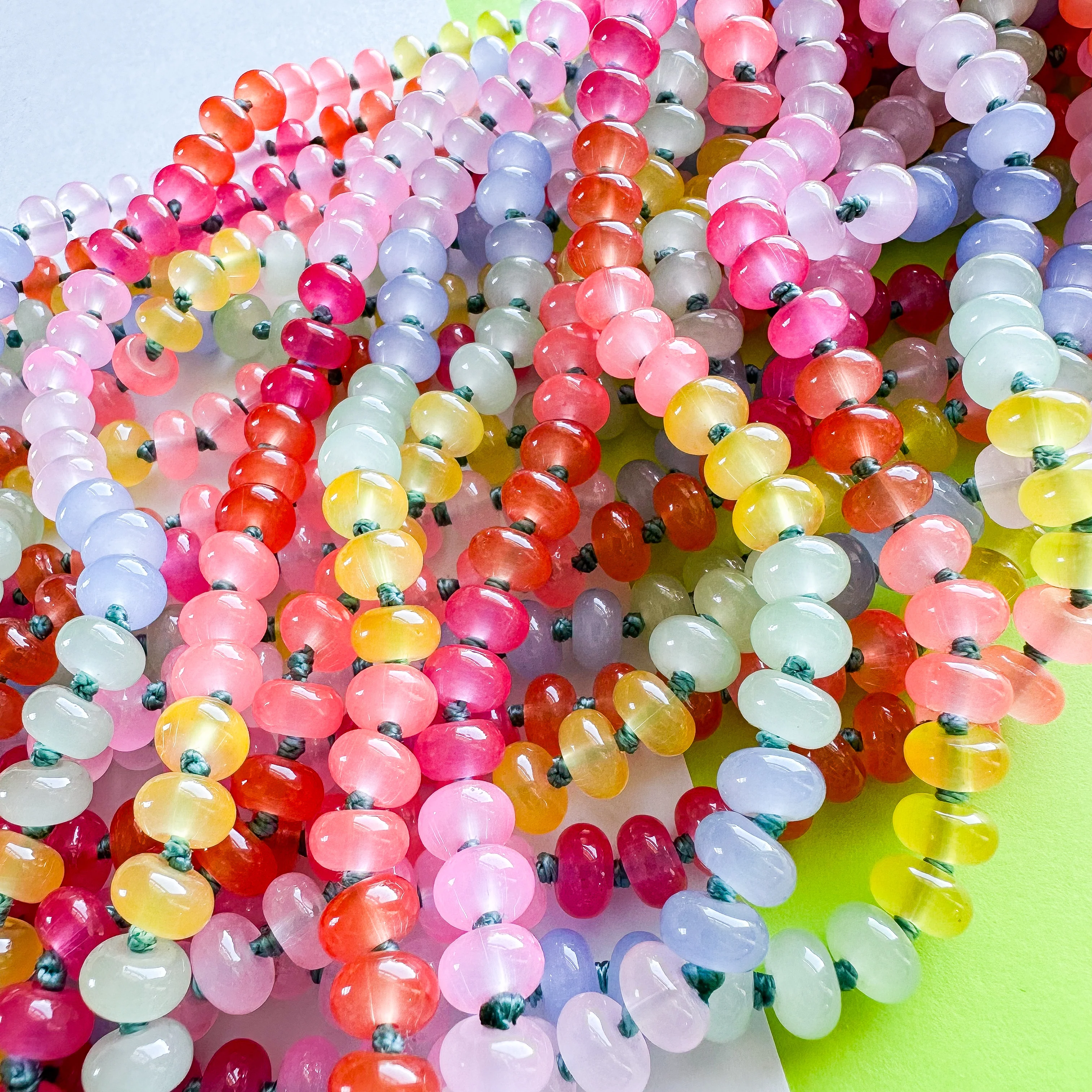 8mm Rainbow Candy Smooth Dyed Jade Rondelle Long Knotted Loop - Image 3