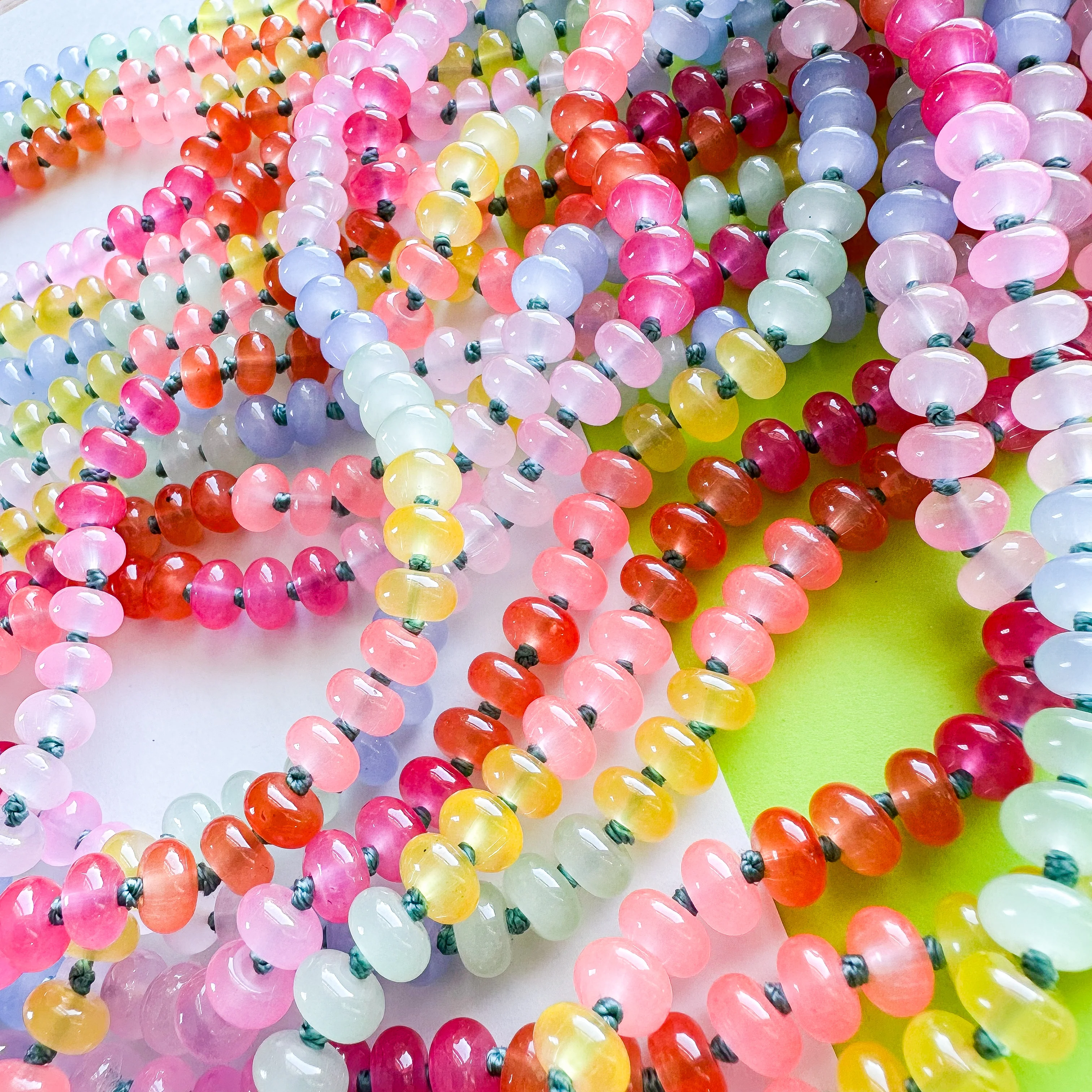 8mm Rainbow Candy Smooth Dyed Jade Rondelle Long Knotted Loop - Image 4