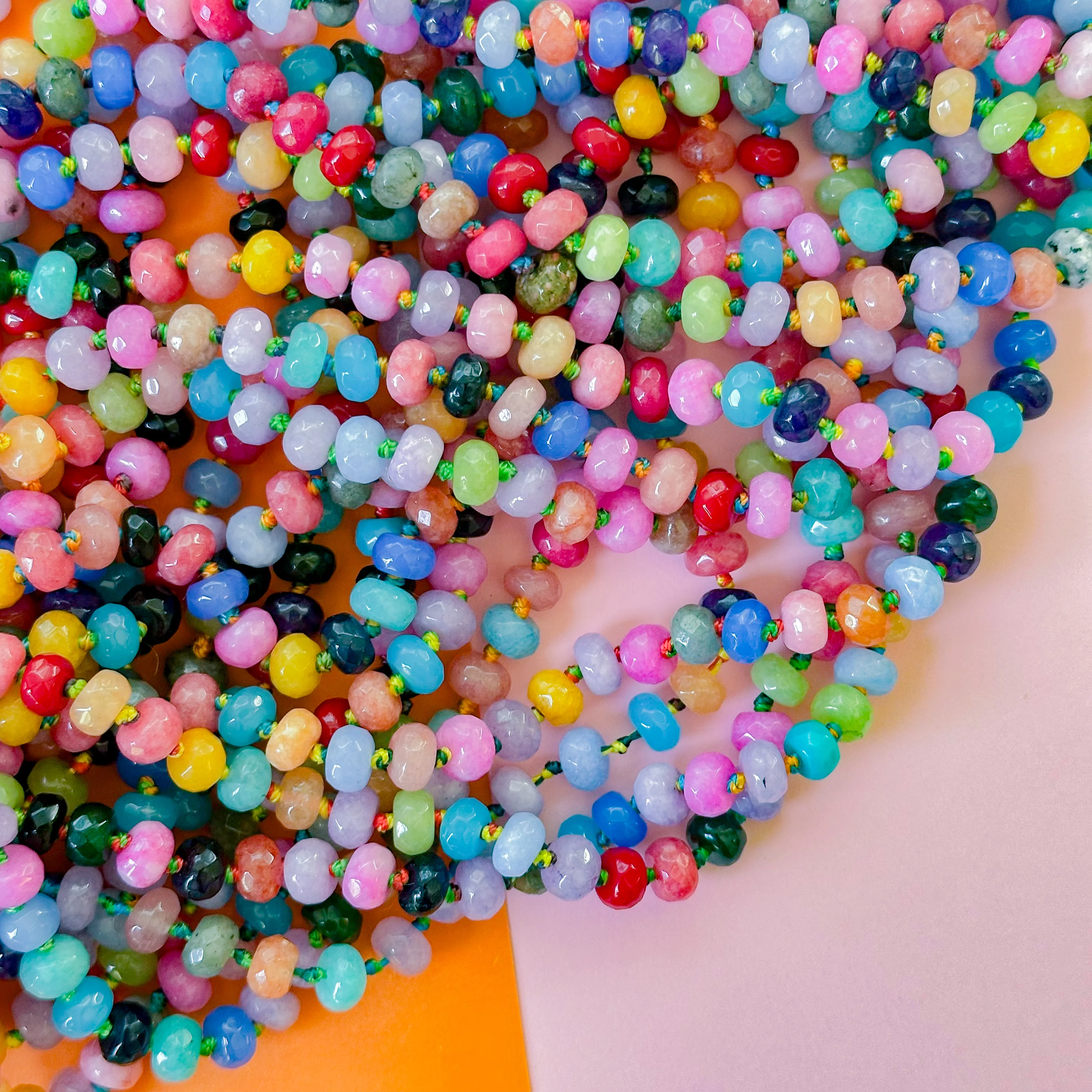 8mm Rainbow Faceted Rondelle Knotted Strand - Confetti Blend - Image 3