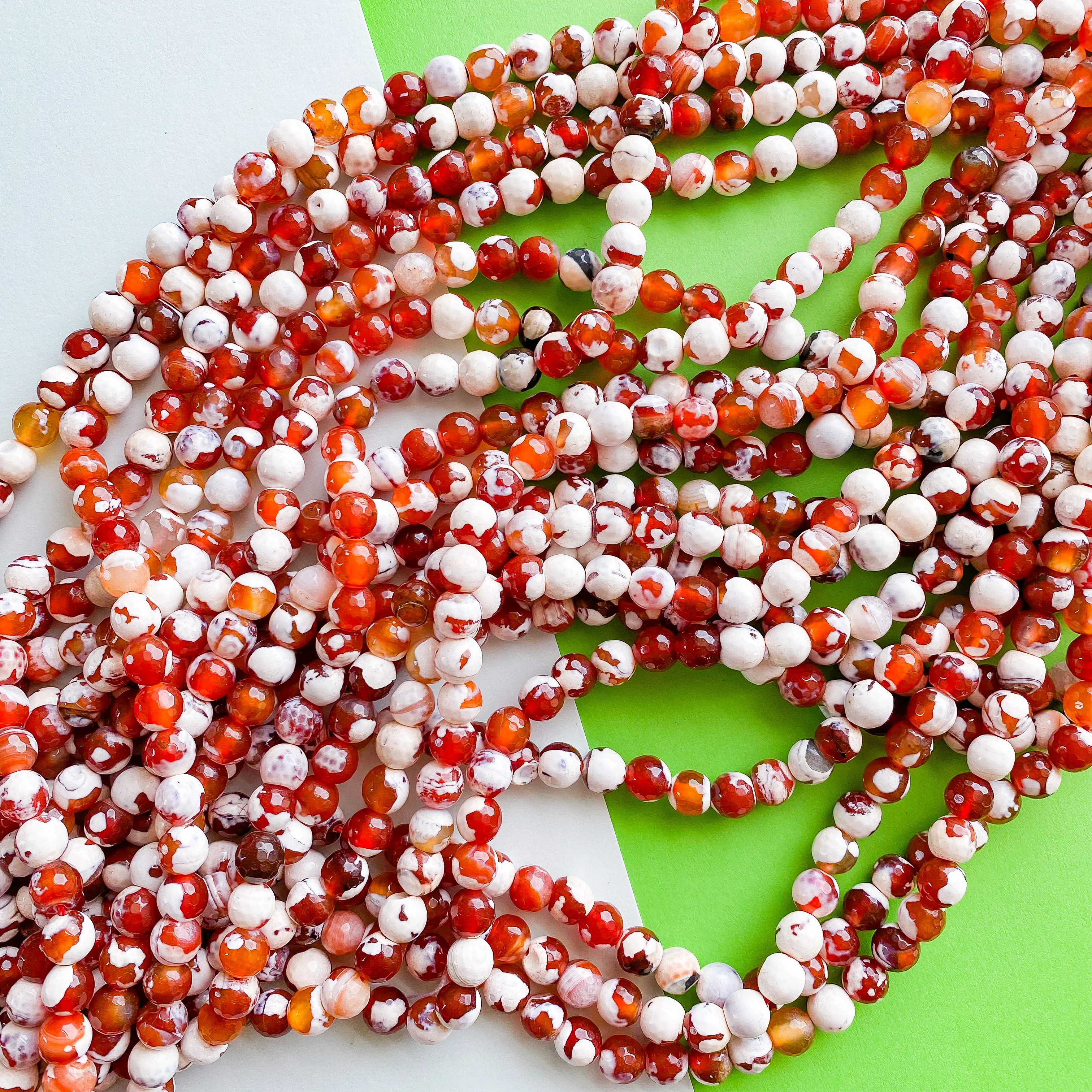 8mm Faceted Red and White Spotted Carnelian Rounds Strand - Image 2