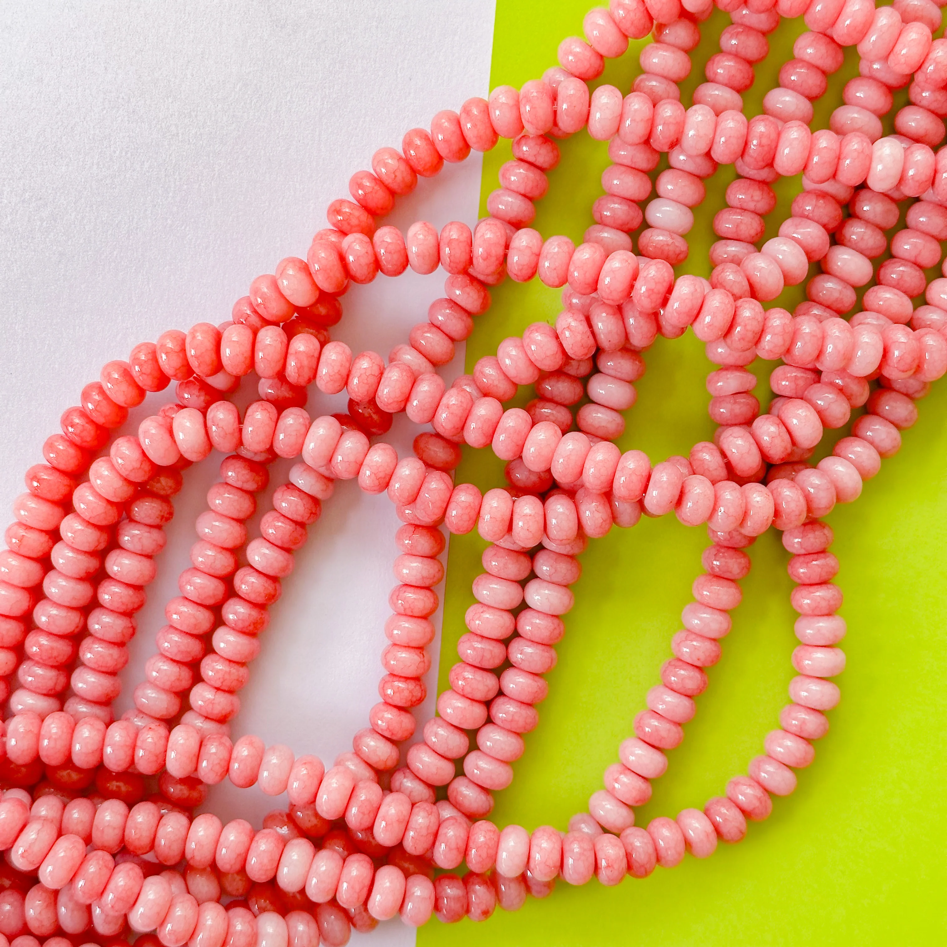 8mm Rosy Coral Smooth Dyed Jade Rondelle Strand - Image 3