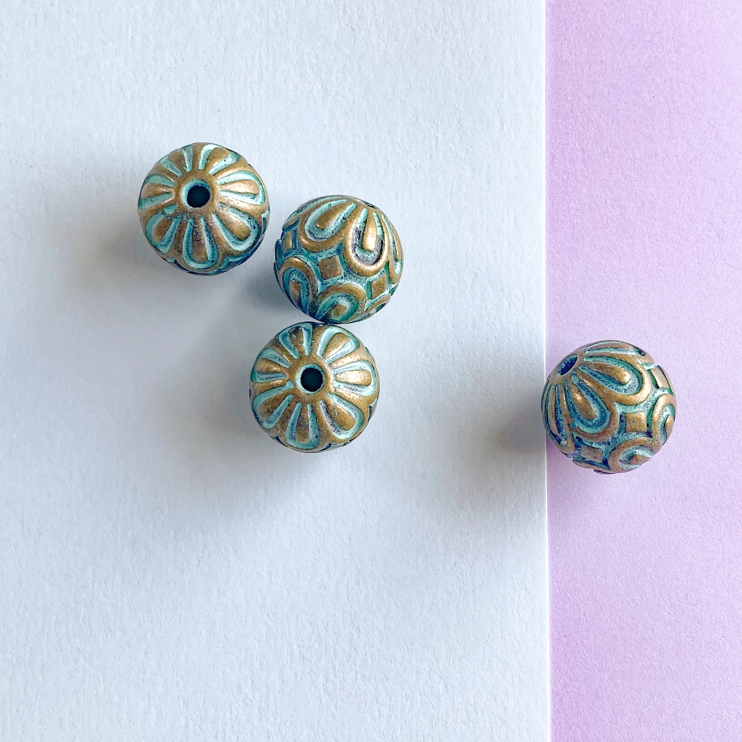 15mm Pewter Patina Round Floral Bead - 4 Pack - Image 3