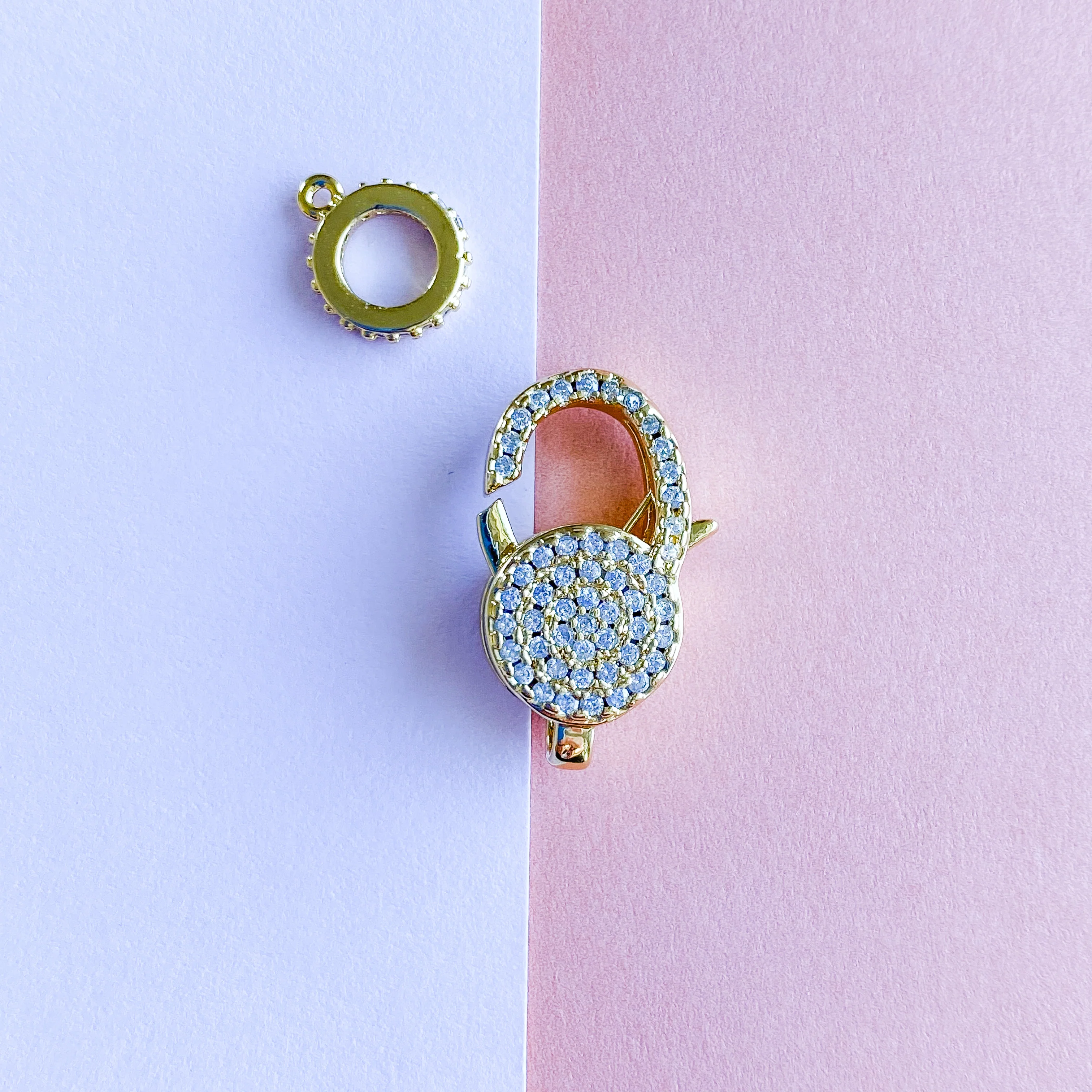 20mm Gold Plated Pave Lobster Claw Clasp with Ring - Image 3